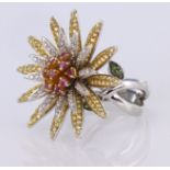 18ct White Gold Starburst Ring set with Peridot, Citrines, Diamonds and Rubies size P weight 20.2g