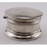 Large silver powder bowl with dent to lid, broken mirror in lid; has filled base. Hallmarked