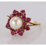 Yellow Gold (tests 14ct) Pearl and Pink Sapphire Ring (one stone missing) size O weight 6.9g