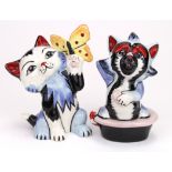 Lorna Bailey. Two Lorna Bailey animal figures, comprising a bathing cat & a cat holding a butterfly,