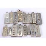 Sixteen (16) Silver hallmarked Ingots with pendant mounts. Various sizes, total weight approx 400g