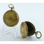 Mid-size 18ct cased (40mm) open face pocket watch along with a yellow metal photograph locket. All