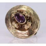 Yellow metal (tests 9ct) Amethyst set memorial Brooch with hair and Pearl reverse window weight 8.