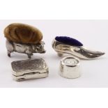 Mixed silver to include. Pin cushion in the form of a shoe (marked 925), Pin cushion in the form