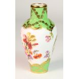 Small green Dresden vase, with figural, floral and gilt decoration, makers marks to base and