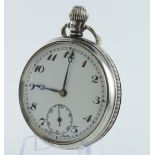 Gents silver cased open face pocket watch, hallmarked Birmingham 1932. The white dial with black