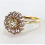 Yellow metal (tests 18ct) Diamond Cluster Ring size N weight 3.7g
