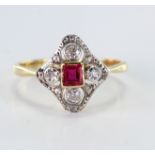 Yellow metal stamped 18ct Ring set with Ruby and Diamonds size O weight 3.5g