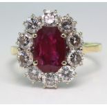 Yellow metal (tests 18ct) Ruby and Diamond Cluster Ring, Ruby approx 2ct, Diamonds approx 2ct