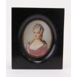 19th Century painted portrait miniature of a young blonde woman in a red embroidered dress.