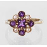 9ct Gold Amethyst and Seed pearl set Ring size N weight 2.6g