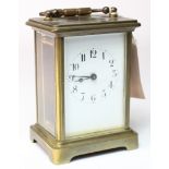 Brass five glass carriage clock, white enamel dial with Arabic numerals, rear door loose, height