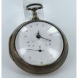 Silver pair cased pocket watch, movement by 'Mollineaux, 3800 Rochdale', enamel dial with subsidiary