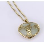 White Jade Chinese Heart Pendant set in a 9ct Gold Frame on a 18 inch curb 9ct chain weight 8.6g