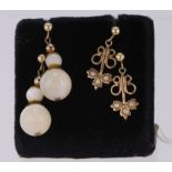 Two pairs of 9ct Gold Earrings one set of Blond Agate set Drops and one set with Seed Pearls