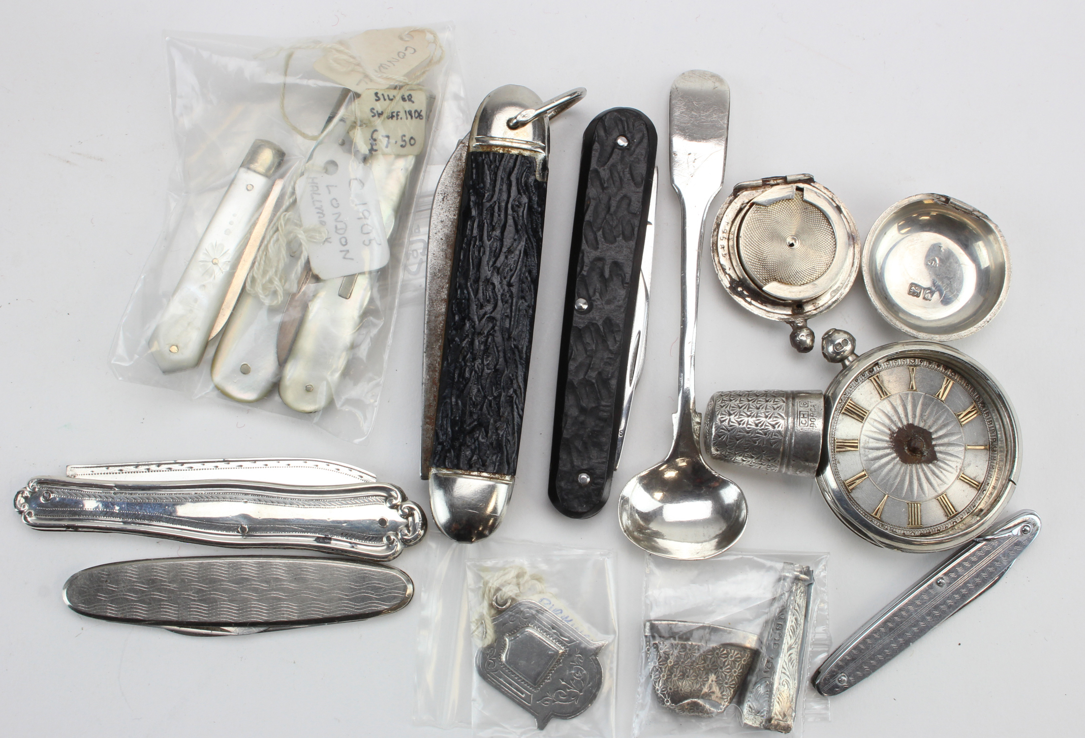 Mixed Silver. Includes Pocket watch case, sovereign holder (broken), various fruit knives etc.