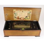 Swiss music box, circa 19th Century, inlaid with walnut, label to inside of lid, all teeth intact,