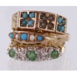 Three 9ct Gold Rings Turquoise and Seed Pearl set (O), Emerald and Diamond set (L), Turquoise and