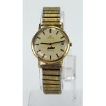Gents 9ct gold cased Omega Geneve. The 32mm cream dial with gilt baton markers & date aperture at