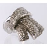 White Gold stamped 750 Ribbon style Pave Diamond set Ring size M weight 19.2g