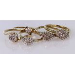 9ct Gold stone set cluster Rings (some Diamonds) weight 9.9g (5)