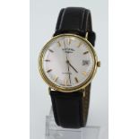 Gents 9ct cased Rotary quartz wristwatch, The 33mm white dial with gilt baton markers and date
