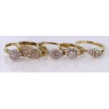 9ct Gold stone set cluster Rings (some Diamonds) weight 8.1g (5)