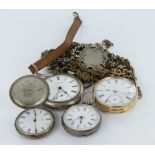 Gents 14ct cased open face pocket watch along with three non gold pocket watches and mixed chains.