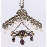 Silver Austo-Hungarian Fan Pendant on Silver Chain set with Garnets and Natural Freshwater Pearls