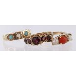 Three 9ct Gold Rings Garnet set (J), Turquoise and Seed Pearl set (P) , Coral and Pearl set (O)