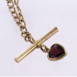 9ct Gold Albert style Necklace with Garnet Heart 20 inch length weight 4.7g