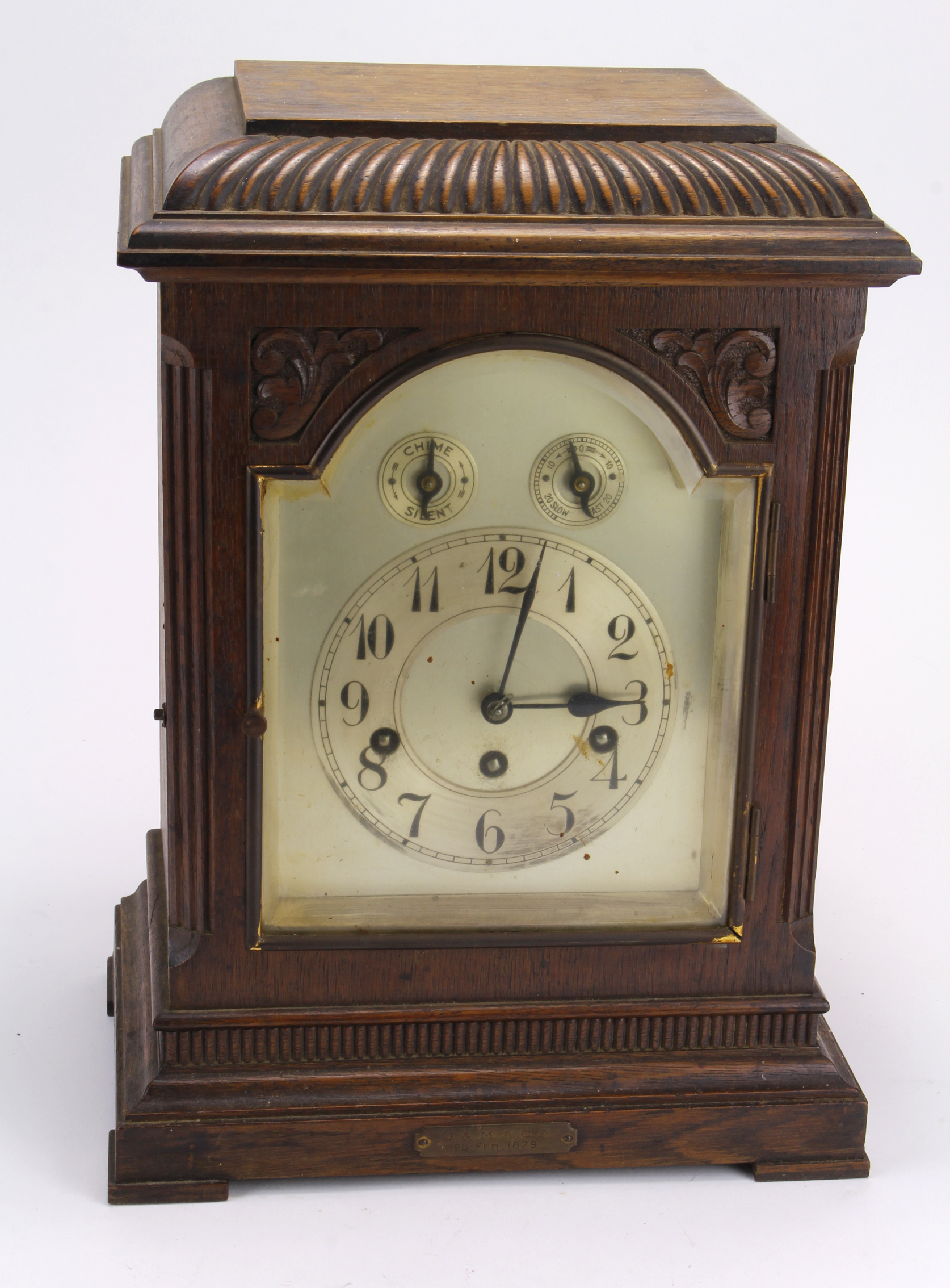 Large Victorian oak mantel clock, silvered dial with Arabic numerals, two subsidiary dials, movement