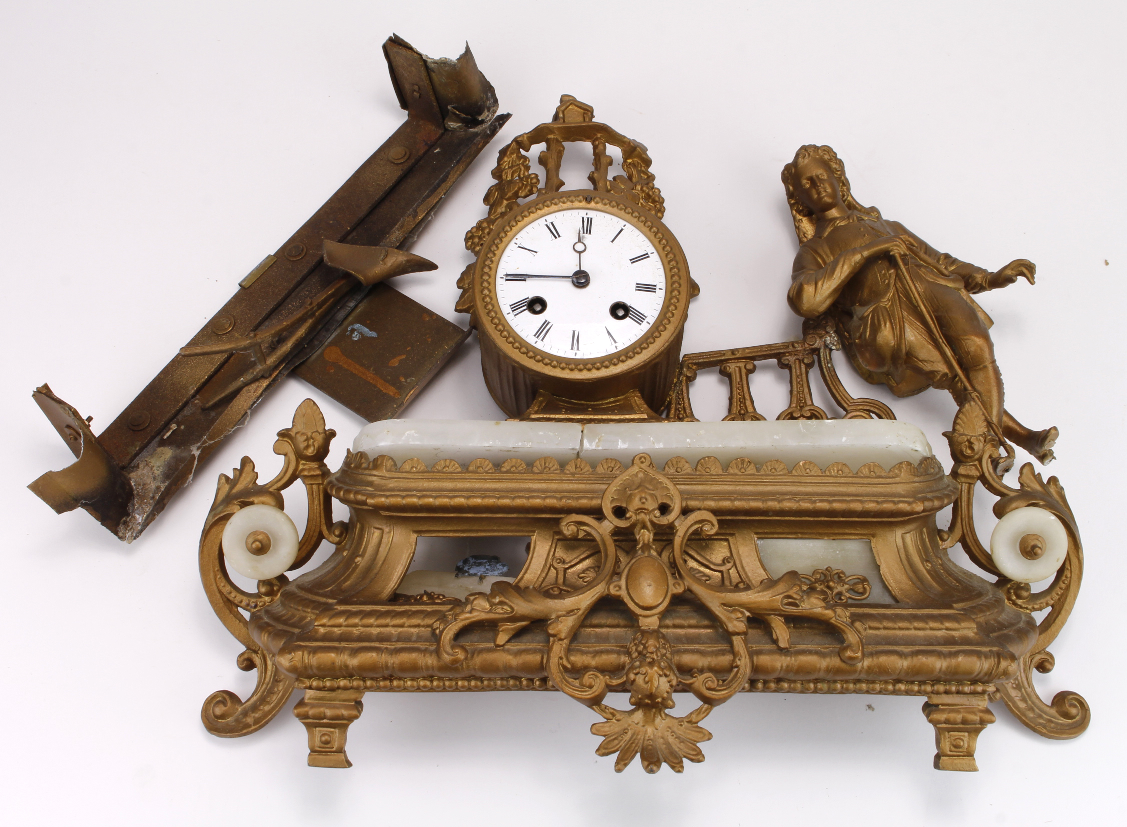Gilt Ormolu mantel clock (damaged, restoration project), sold as seen