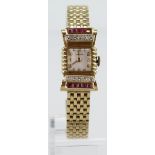 Ladies 9ct cased wristwatch by Helvetia The square 11mm dial with Rubies and diamonds at the top and