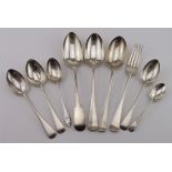 Mixed lot of silver flatware comprising three tablespoons, one tablefork, three dessert spoons along