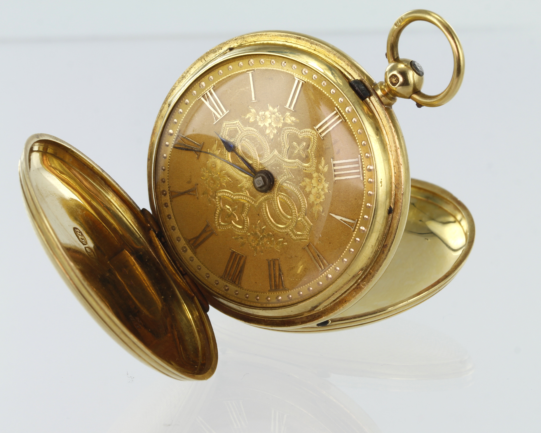 Mid-size 18ct (hallmarked London 1857) full hunter pocket watch. Total weight 61.3g, approx 40mm