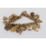 9ct / Yellow metal charm bracelet with a good assortment of charms attached. Total weight 52.1g
