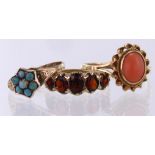 Three 9ct Gold Rings Garnet set (N) Coral set (P) Turquoise set (K) weight 6.8g