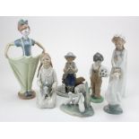 Lladro Nao. A collection of seven Lladro Nao figures, including a clown, children, geese, etc.