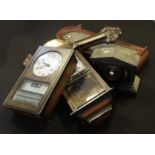 Two wall clocks, a black slate mantel clock, barometer & an empty clock case (untested, sold as