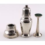 Mixed lot of silver, comprising small flower vase, inkwell & sugar shaker, various hallmarks. Weight