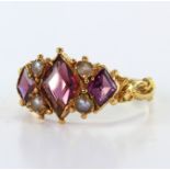 Yellow metal (tests 10ct) Ring set with Amethysts and Pearls size O weight 3.2g