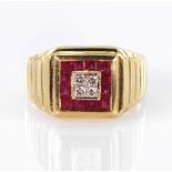 Yellow metal stamped 750 Ruby and Diamond Ring size P weight 7.4g