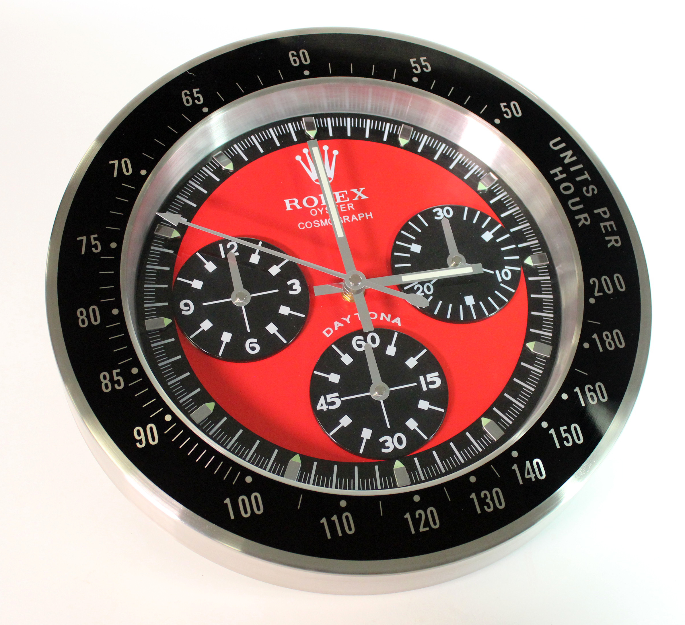 Advertising Wall Clock. Black & chrome 'Rolex' advertising wall clock, red dial reads 'Rolex