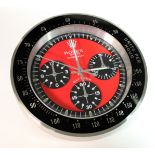 Advertising Wall Clock. Black & chrome 'Rolex' advertising wall clock, red dial reads 'Rolex