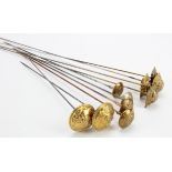 Hat Pins. Ten brass button hat pins, including Military, longest 26cm approx.