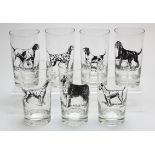 Group of seven glass Hunting Dog related glasses. Dogs shown - Pointer, Beagle, Setter, Retriever,