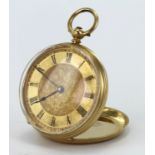Mid-size 18ct open face pocket watch. The gilt dial with black roman numerals Total weight 34g,