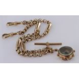 9ct "T" bar pocket watch chain with a compass fob attached. Approx length 40cm, total weight 29.5g