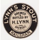 Beer label, H Lynn, Hailsham, Lynn's Stout, circular label, 60 mm high, (gd) (1)